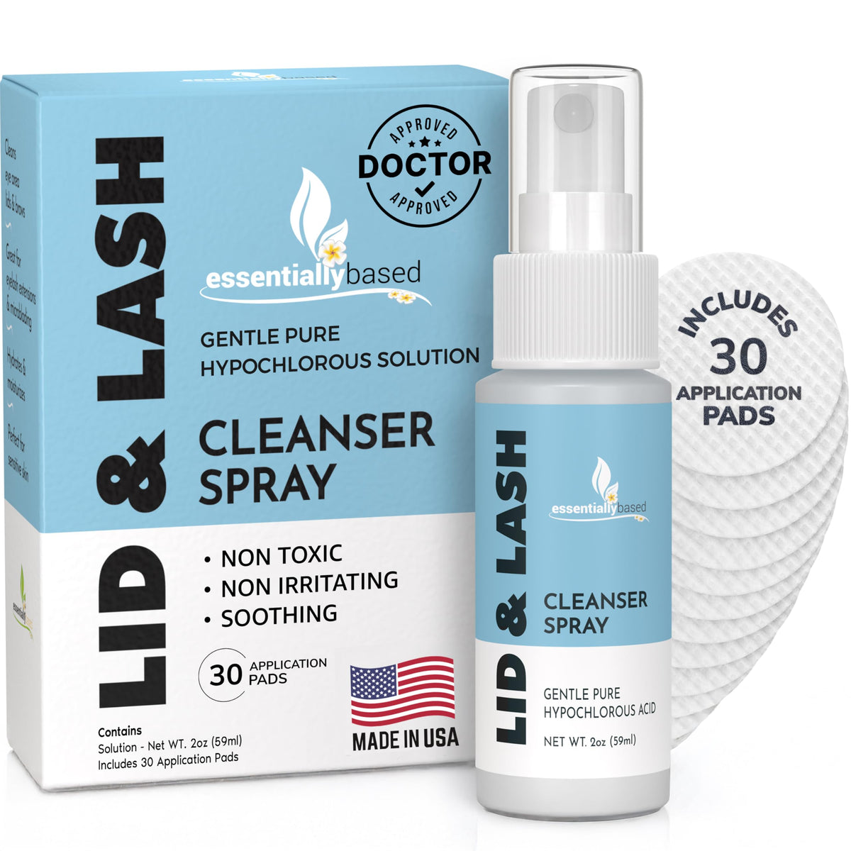 Essentially Based Eyelid Cleanser Kit - 2 oz Eyelids and Eyelash Cleaner - Hypochlorous Acid Spray Solution - Eye Wash Solution with 30 Application Pads - Made in USA